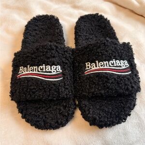 Balenciaga Black Fuzzy Logo Slide Sandals with Red & White Trim